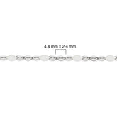 Silver chain with white enamel and measurement details on a white background
